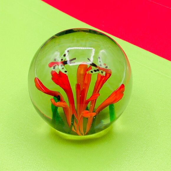 Vintage Art Glass Butterfly and Flower Paperweight Midcentury Light Academia - Picture 1 of 11